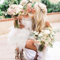 Cute A-line Tea Length Spaghetti Straps Feather Flower Girl Dresses