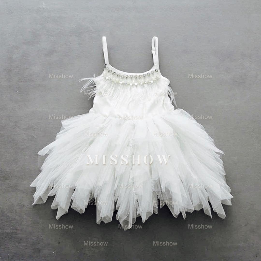 Cute A-line Tea Length Spaghetti Straps Feather Flower Girl Dresses
