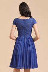 Cute Lace Chiffion Mini Party Dress Short Sleeves Knee Length Homecoming Dress