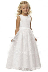 Cute Long A-line Jewel Lace Sleeveless Floor length Flower Girl Dress