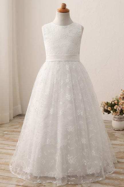 Cute Long A-line Jewel Lace Sleeveless Floor length Flower Girl Dress