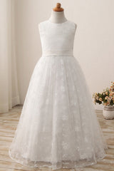 Cute Long A-line Jewel Lace Sleeveless Floor length Flower Girl Dress