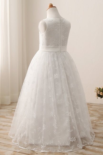 Cute Long A-line Jewel Lace Sleeveless Floor length Flower Girl Dress