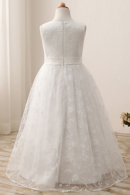 Cute Long A-line Jewel Lace Sleeveless Floor length Flower Girl Dress