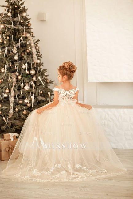 Cute Long Princess Tulle Lace Full Length Flower Girl Dress