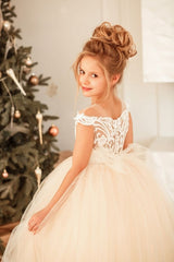 Cute Long Princess Tulle Lace Full Length Flower Girl Dress