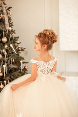 Cute Long Princess Tulle Lace Full Length Flower Girl Dress