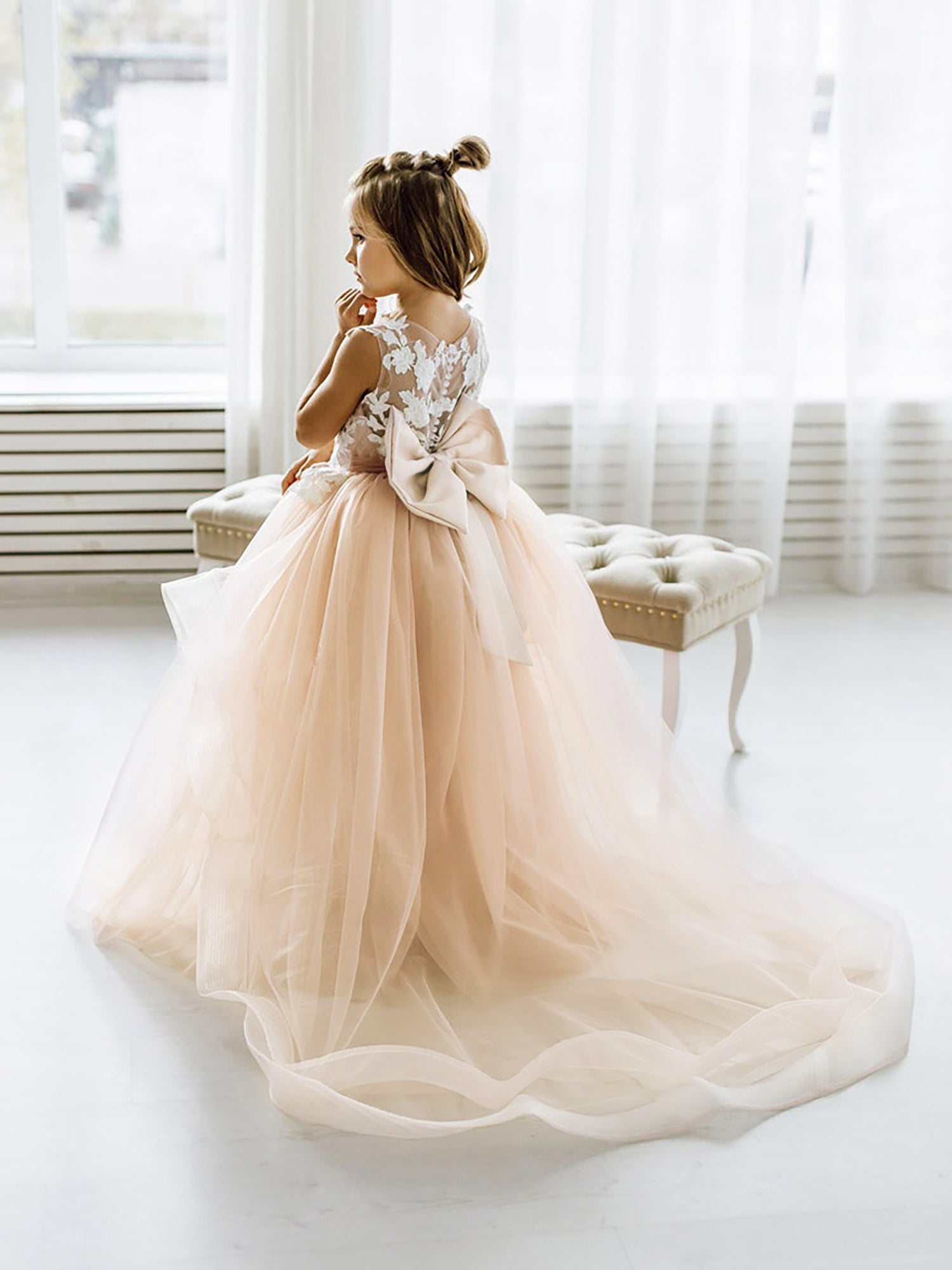 Cute Puffy Lace Appliqued Sleeveless Flower Girl Dresses Champagne / 7 Cute Puffy Lace Appliqued Sleeveless Flower Girl Dresses Champagne / 7