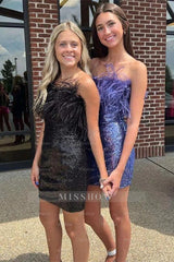 Cute Sequins Feathers Strapless Sleeveless Short Prom Dresses