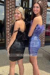 Cute Sequins Feathers Strapless Sleeveless Short Prom Dresses