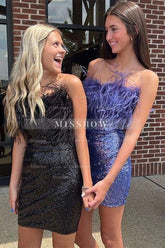 Cute Sequins Feathers Strapless Sleeveless Short Prom Dresses