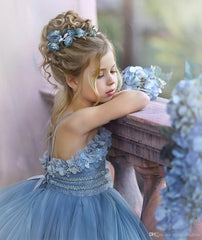 Cute Strapless Dusty Blue Ruffles Puffy Princess Flower Girl Dresses