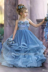Cute Strapless Dusty Blue Ruffles Puffy Princess Flower Girl Dresses