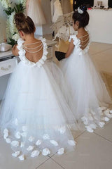 Cute Tulle Appliques Backless Flower Girl Dresses with Pearls