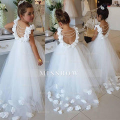 Cute Tulle Appliques Backless Flower Girl Dresses with Pearls