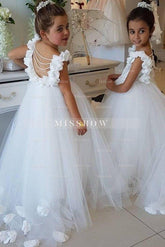 Cute Tulle Appliques Backless Flower Girl Dresses with Pearls