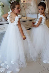 Cute Tulle Appliques Backless Flower Girl Dresses with Pearls