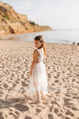 Cute White Boho Sleeveless Flower Girls Dress With Lace