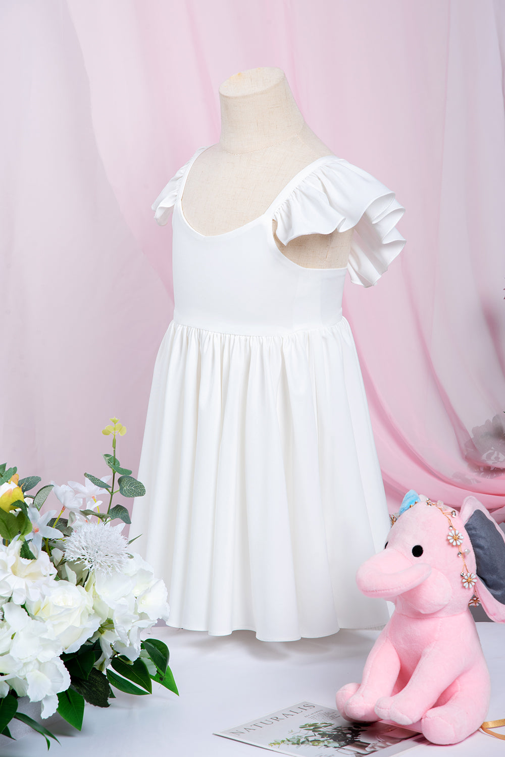 Cute White Ruffle Sleeves Flower Girl Dress Pleated A-line Little Girl Dress for Wedding Party