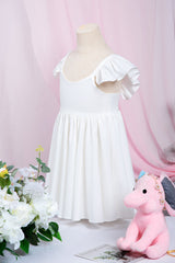 Cute White Ruffle Sleeves Flower Girl Dress Pleated A-line Little Girl Dress for Wedding Party