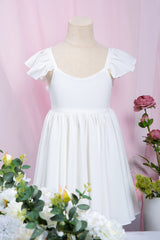 Cute White Ruffle Sleeves Flower Girl Dress Pleated A-line Little Girl Dress for Wedding Party