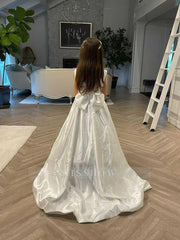 Cute White Satin Princess Flower Girl Dress
