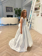 Cute White Satin Princess Flower Girl Dress