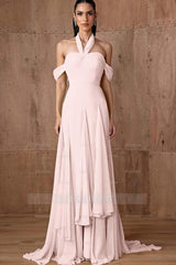 Halter Off the Shoulder Sleeveless Long Formal Dress With Ruffles