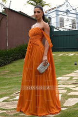 Orange Strapless Sleeveless Long Formal Dress With Pleated Ruffle