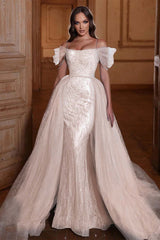 Off the Shoulder Mermaid Formal Dress Tulle Ruffles With Appliques