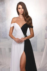 Black And White Off the Shoulder Beadings Long Formal Dress With Front Split
