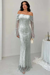 Off the Shoulder Long Sleeves Long Mermaid Formal Dress With Lace