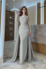 Long Sleeves Square Neck Long Mermaid Formal Dress With Pleated