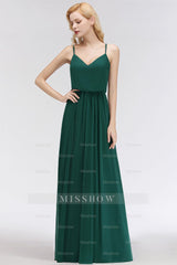 Dark Green Chiffon Spaghetti-Straps Modest Bridesmaid Dresses