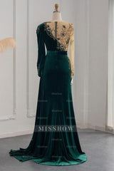 Dark Green Long Sleeves Jewel Mermaid Evening Dresses Prom Gowns With Ruffles