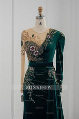 Dark Green Long Sleeves Jewel Mermaid Evening Dresses Prom Gowns With Ruffles