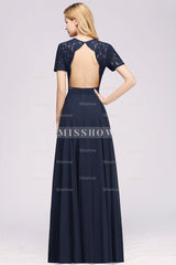 Dark Navy Open-Back Long Bridesmaid Dresses With Short Sleeves
