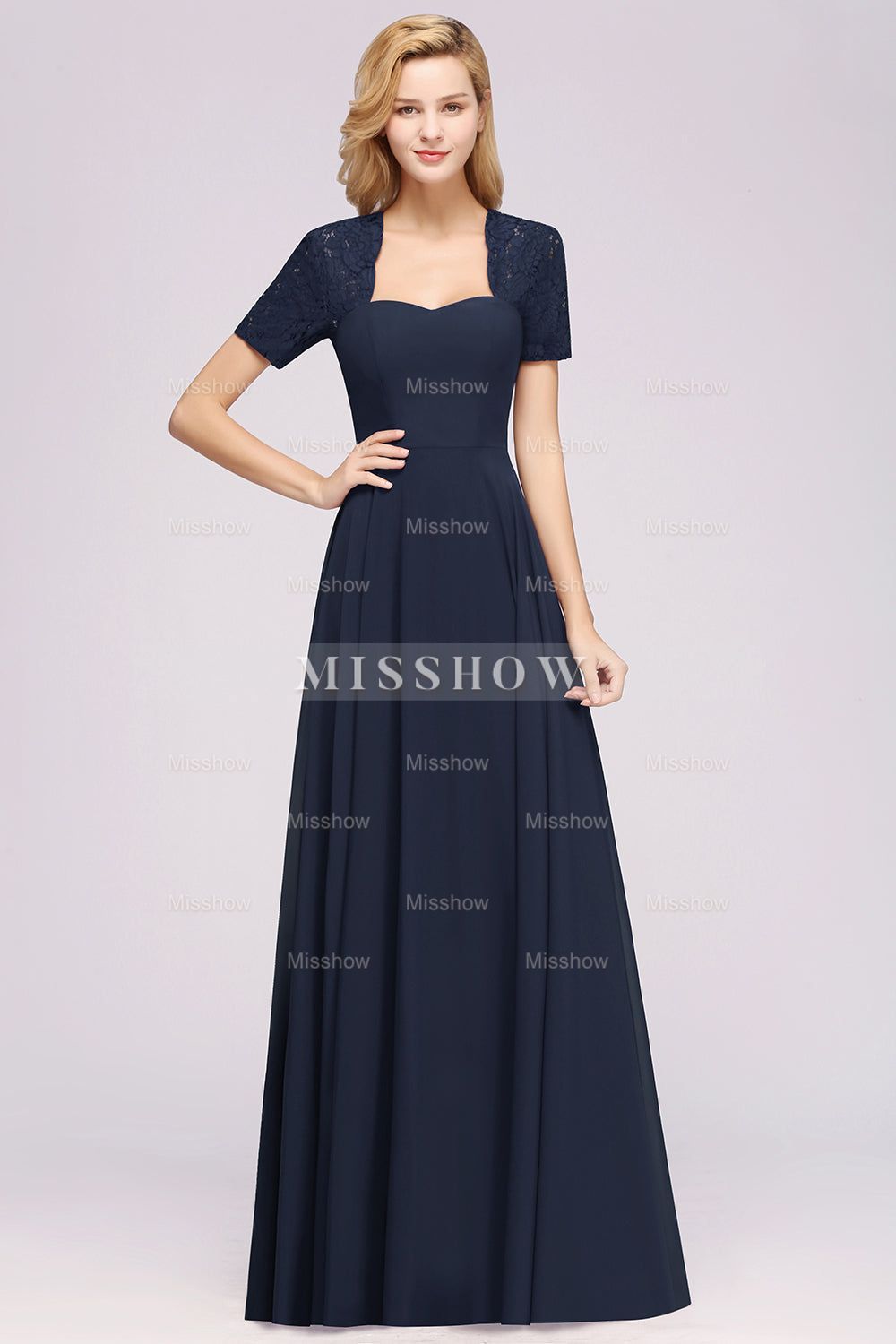 Dark Navy Open-Back Long Bridesmaid Dresses With Short Sleeves