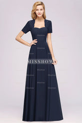 Dark Navy Open-Back Long Bridesmaid Dresses With Short Sleeves