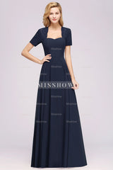 Dark Navy Open-Back Long Bridesmaid Dresses With Short Sleeves