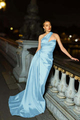 One Shoulder Sleeveless Mermaid Long Formal Dress With Ruffles Pleated