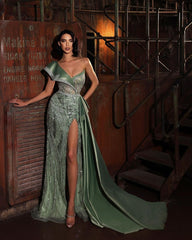 Green Sequins Formal Dress One Shoulder With Sleeveless Trail High Slit