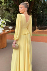 Deep V Neck Long Sleeves Long Formal Dress With Ruffles Pleated