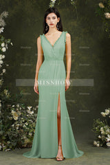 Deep V neck Sleeveless Split Front Floor-Length Prom dress