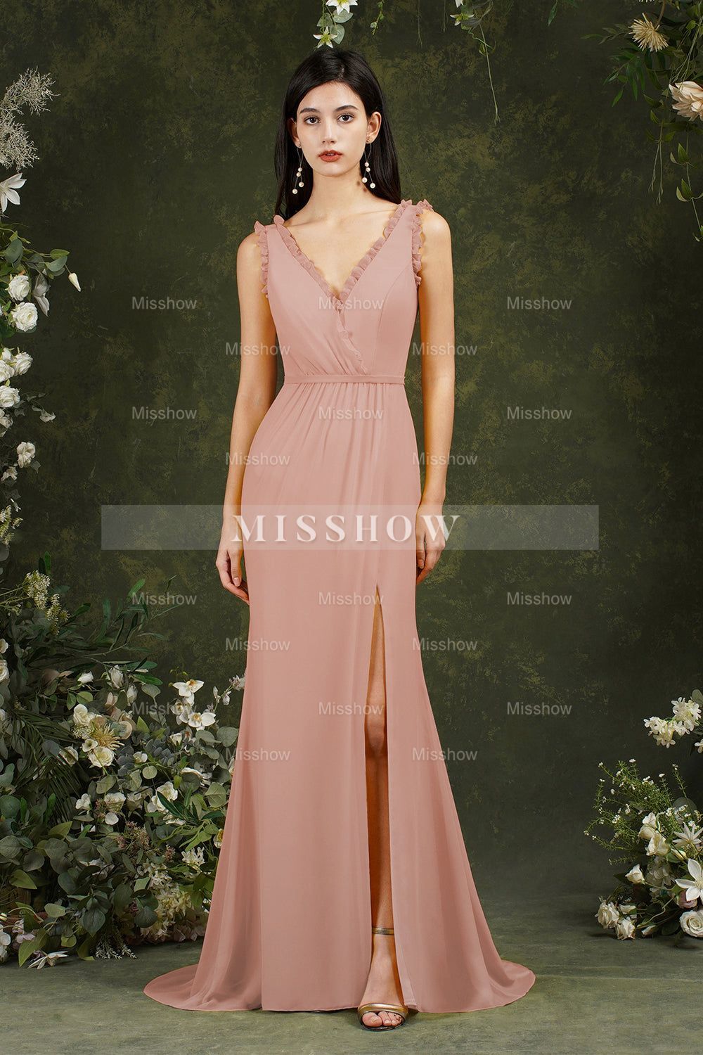 Deep V neck Sleeveless Split Front Floor-Length Prom dress
