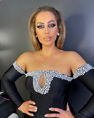 Deluxe Black Floor Length Long Sleeves Mermaid Satin Prom Dress with beads