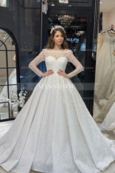 Deluxe Floor Length Long Sleeves A-Line Lace Wedding Dress with Ruffles