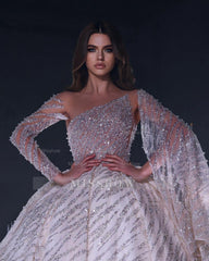 Deluxe Floor Length One-Shoulder A-Line Sequined Wedding Dress with Ruffles