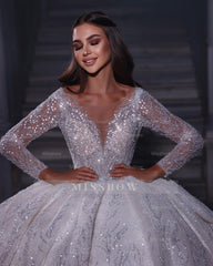 Deluxe Floor Length Sweetheart Long Sleeves A-Line Sequined Wedding Dress with Ruffles
