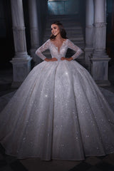 Deluxe Floor Length Sweetheart Long Sleeves A-Line Sequined Wedding Dress with Ruffles